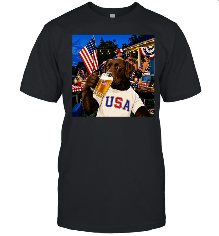 Patriotic Chocolate Lab Drinking Beer USA Dog 4th Of July Unisex T-Shirt