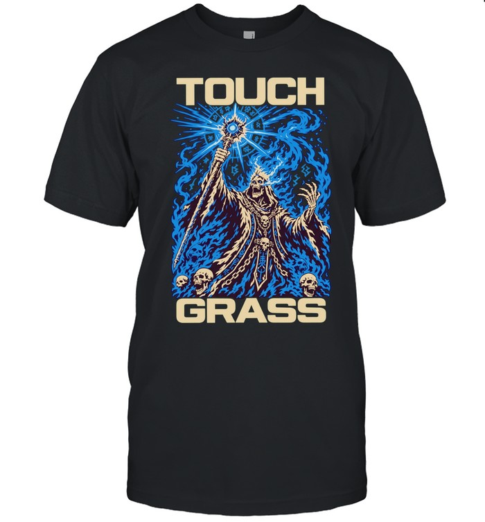 Touch grass necromancer skull sorcerer fantasy skeleton magic blue fire Unisex T-Shirt